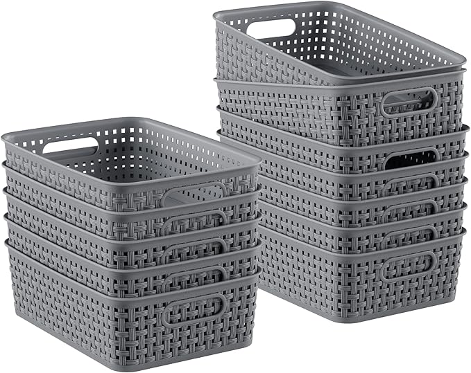 12 Pack Plastic Storage Baskets, Small Baskets for Organizing, Plastic Storage Bins Wicker Pantry Organizer Bins Household Toys for Laundry Room, Bedrooms, Kitchens, Cabinets, Countertops