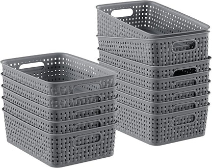 12 Pack Plastic Storage Baskets, Small Baskets for Organizing, Plastic Storage Bins Wicker Pantry Organizer Bins Household Toys for Laundry Room, Bedrooms, Kitchens, Cabinets, Countertops