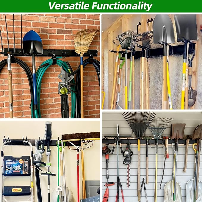 PIYILO Garage Wall Organizer, 96 in Garden Tool Organizer with 12 Adjustable Garage Hooks and 3 Storage Straps, Heavy Duty Tool Holder Wall Mount for Garden & Shed Tools