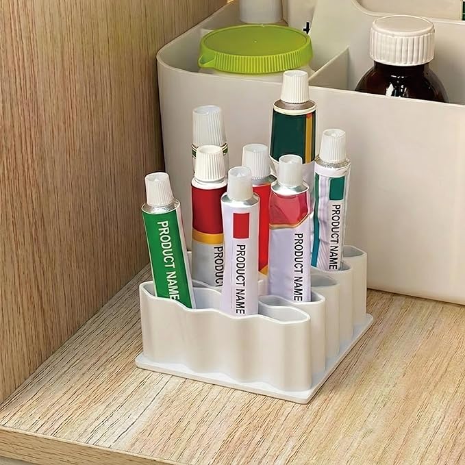 Ointment Tube Organizer Holder, Wave Design Desk Organizer for Makeup Brushes, Pencils & Markers, Flexible TPR Countertop Storage Stand for Bathroom Vanity, Office & Classroom, Black and White