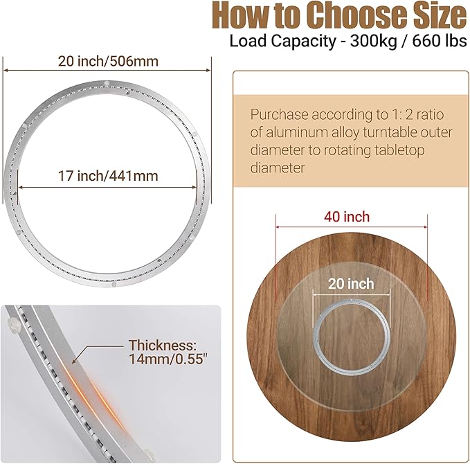 20 Inch Lazy Susan Heavy-Duty Aluminium Alloy Rotating Bearing Lazy Susan Hardware- Mute Bearing Turntable Ring Hardware for Dining and DIY Furniture (Capacity up to 660lb)