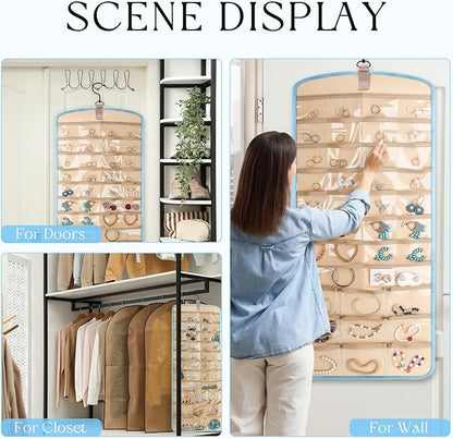 2 Pack Hanging Jewelry Organizer Storage with 39 Pockets, 30 Necklace Hooks Double Sided Wall Mount Earring Holder Organizer Bracelet Necklace Jewelry Display Hanger for Closet Door (Blue)