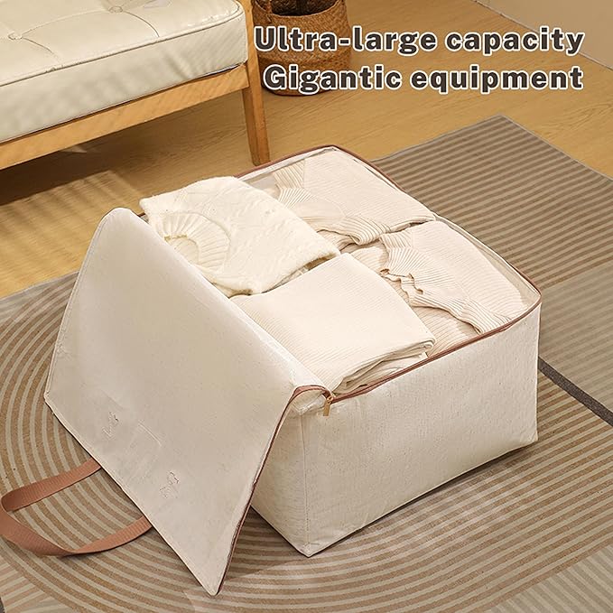 50L Storage Bag for Clothes, Comforters, Blankets, Bedding, Pillows, Stuffed Toys, Jackets with Sturdy Handles, Clear Label Tag, Zippered, for use at Home, Travel or Move, 20x15x10 (Beige, Medium)