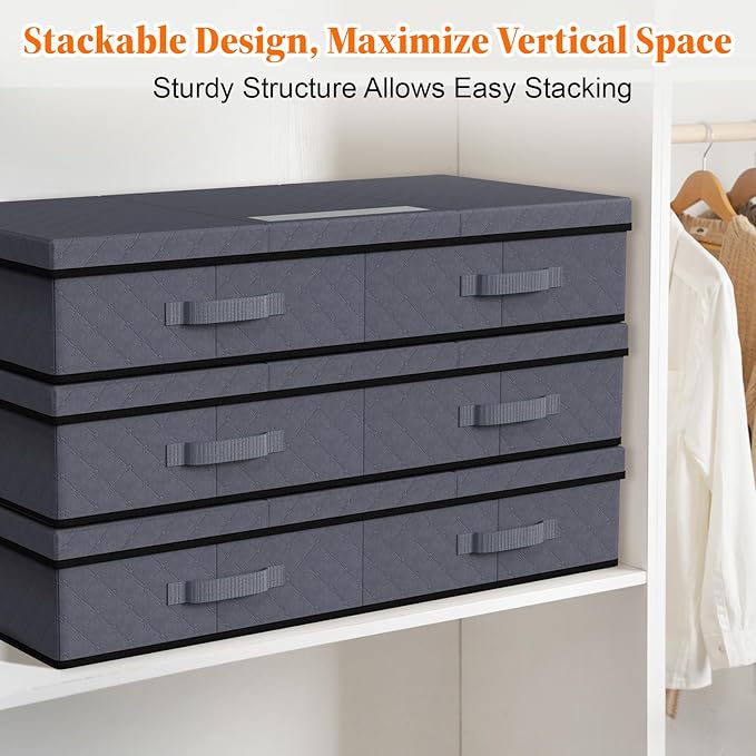 StoreHappily Under Bed Storage Containers with Lids - 2 Pack, Foldable and Stackable Clothes Storage Bags with Clear Window, 3-Sided Handles and Label Slot for Clothing, Blankets, Pillows (Grey)