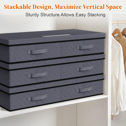 StoreHappily Under Bed Storage Containers with Lids - 2 Pack, Foldable and Stackable Clothes Storage Bags with Clear Window, 3-Sided Handles and Label Slot for Clothing, Blankets, Pillows (Grey)