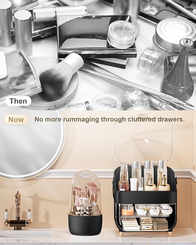 Anylady Makeup Brush Holder 360 Rotating, [Upgrade & with Cover] Makeup Brush Organizer for Vanity Countertop Bathroom (Black)