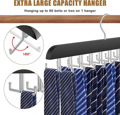 Tie Rack Hanger for Closet, 2 in 1 Belt Tie Hangers with 20 Folding Hooks, 360 Degree Rotating Wooden Tie Holder Organizer for Men Ties Belts Scarves Tank Tops Accessories, Black (1 Pack)