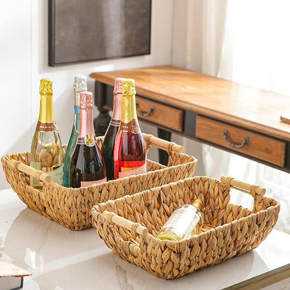 Mowtanco Woven Storage Baskets – Set of 2 Handwoven Water Hyacinth Wicker Baskets with Wooden Handles for Organizing, Decorative Baskets for Laundry Room, Home Decor - Large & Medium