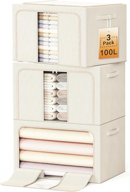 Clothes Storage Bins with Metal Frame, Foldable Clothes Organizers Storage Containers for Clothes, Sheets, Blankets, Pillows and Towels (100L, 3 Pack) Beige