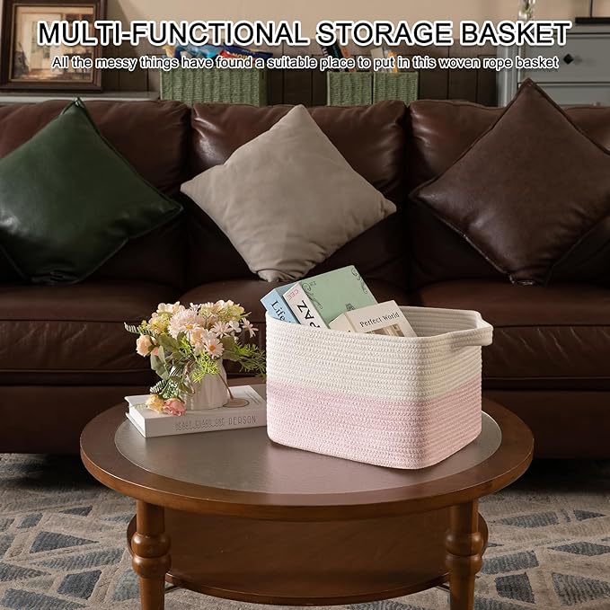 OIAHOMY Woven Storage Basket for Shelves, Rectangle Cotton Rope Baskets for Organizing, 13 x 10 x 9 in, Storage Bins for Dog Toys,Towel,Books,Gift,Pink and White