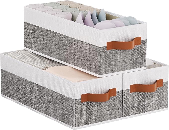 3 Pack Storage Bins, Foldable Baskets for Shelves Organizing, Fabric Storage Boxes with Handles, White and Gray, 15 x 6 x 5 Inch