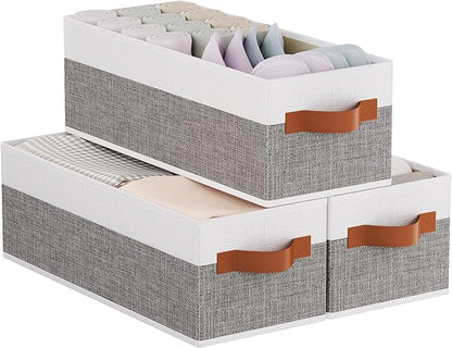 3 Pack Storage Bins, Foldable Baskets for Shelves Organizing, Fabric Storage Boxes with Handles, White and Gray, 15 x 6 x 5 Inch
