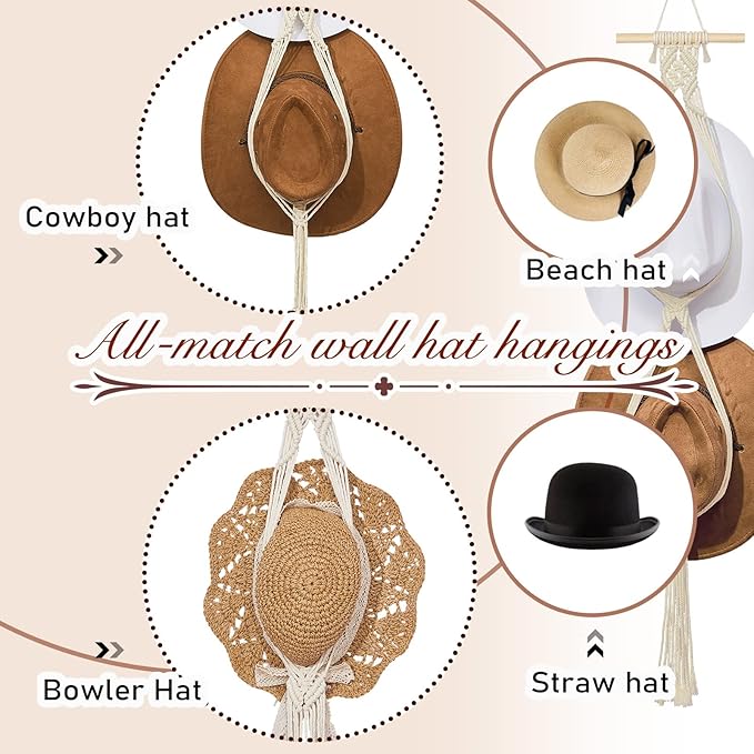 Yulejo Macrame Hat Hangers Racks Boho Cowboy Hats Holders Western Display Organizer Storage decor Back of Door for Wall(White,Two Hats Style)