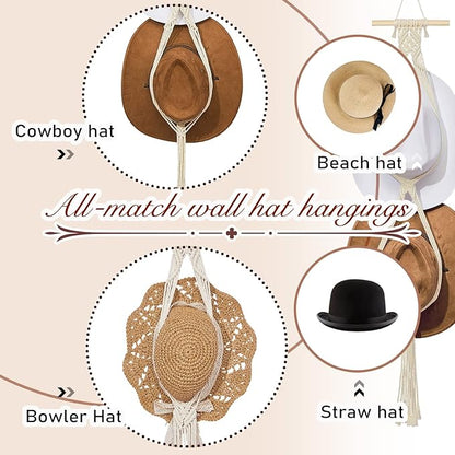 Yulejo Macrame Hat Hangers Racks Boho Cowboy Hats Holders Western Display Organizer Storage decor Back of Door for Wall(White,Two Hats Style)