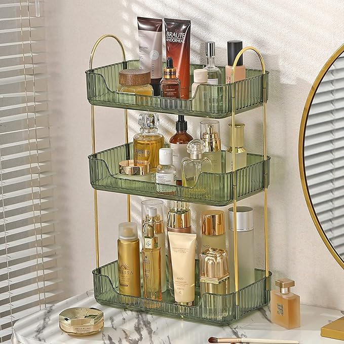 shuang qing 3 Tier Bathroom Counter Organizer Countertop Storage, Cosmetics Skincare Shelf Organizer, Makeup Organizer Perfume for Dresser Vanity Tray, Spice Rack Organizer for Kitchen - Green