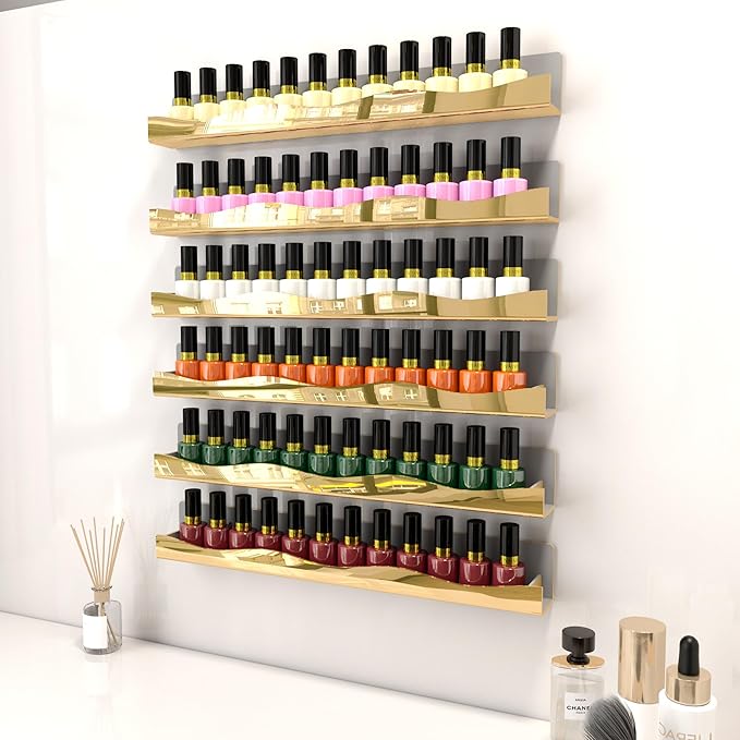 YMVV Wall-Mounted Nail Polish Shelves, 5-Inch Gold Mirror Finish Nail Polish Organizer Rack, Makeup Sunglasses Essential Oil Storage Display Rack 6 Pack