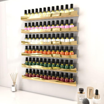 YMVV Wall-Mounted Nail Polish Shelves, 5-Inch Gold Mirror Finish Nail Polish Organizer Rack, Makeup Sunglasses Essential Oil Storage Display Rack 6 Pack