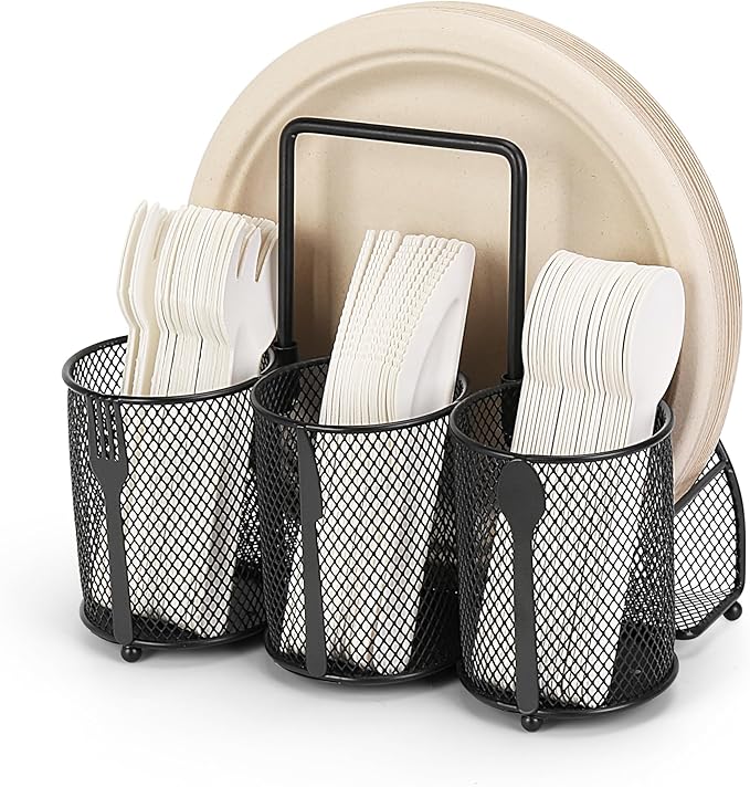 Paper Plate and Silverware Holder Caddy, 4 Compartments Metal Utensil Cutlery Caddy for Party, Spoon, Fork and Paper Plate Organizer with Handle for Countertop,Buffet, Picnic, Camping, Outdoor, BBQ