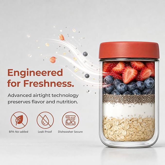 EONJOE 4-Pack Overnight Oats Containers with Lids 16oz Glass Mason Jars Meal Prep Salad Food Cereal Snacks Pudding Yogurt Storage
