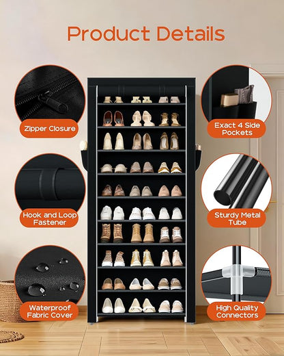 CASAMAYA Shoe Rack with Covers, 10 Tiers Tall Shoe Rack Organizer, Large Capacity Shoe Shelf Storage, Hold 30 Pairs of Shoes, Vertical Shoe Storage Organizer for Closet, Entryway, Black, SRT103B01