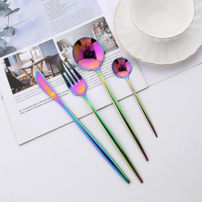 24 Piece Hanging Flatware Set, Stainless Steel Family Kitchen Utensil Set with Rack, Cutlery set for 6 with Holder, Silverware Sets with Holder, Hanging flatware set, Mirror Finish(Rainbow)