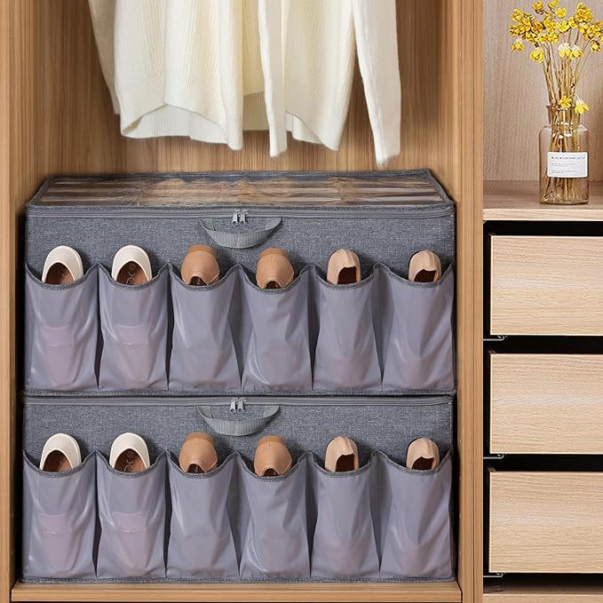 Extra Large Shoe Organizer for Closet, Fits up to 28 Pairs, Fabric Shoe Box Storage Containers with Adjustable Dividers and Clear Cover, Grey, 1 Pack