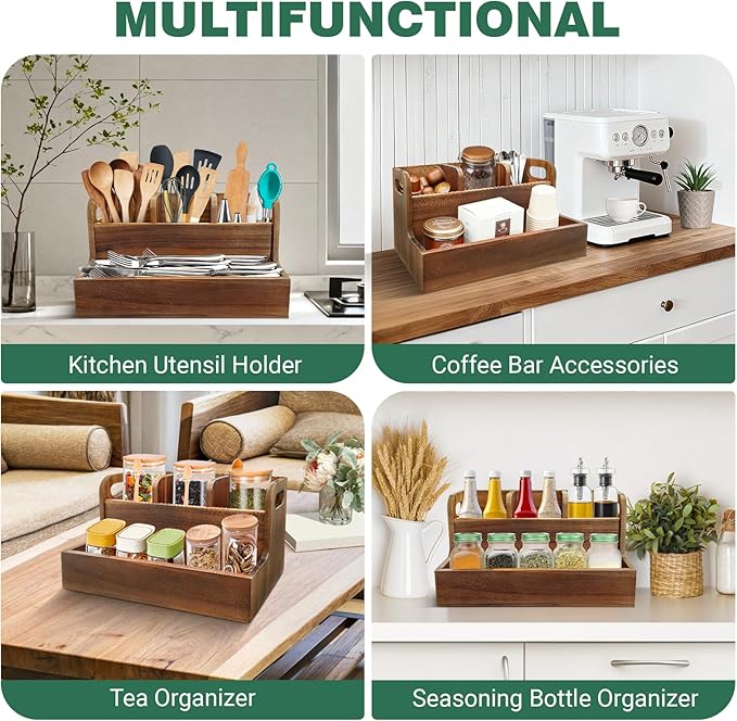 Kitchen Utensil Holder for Countertop with 4 Compartments Acacia Large Utensil Holder Wooden Storage for Cooking,Baking,Flatware Tool Kitchen Utensil Organizer