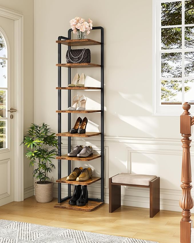 CHOEZON 8-Tier Vertical Shoe Rack, Narrow Shoe Tower, Corner Shoe Storage Organizer, Shoe Shelf, for Small Spaces, Industrial Style, for Entryway, Hallway, Living Room, Rustic Brown and Black TXJ08BF