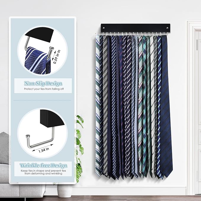 Tie Rack Belt Hanger Wall Mounted, Lomrsiul Non Slip 180 Degree Rotating Tie Organizer for Men Closet with 18 Hooks Closet Organizers and Storage for Tie Belt Necklace Purse Scarf Bag Black 1 Pack