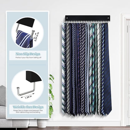 Tie Rack Belt Hanger Wall Mounted, Lomrsiul Non Slip 180 Degree Rotating Tie Organizer for Men Closet with 18 Hooks Closet Organizers and Storage for Tie Belt Necklace Purse Scarf Bag Black 1 Pack