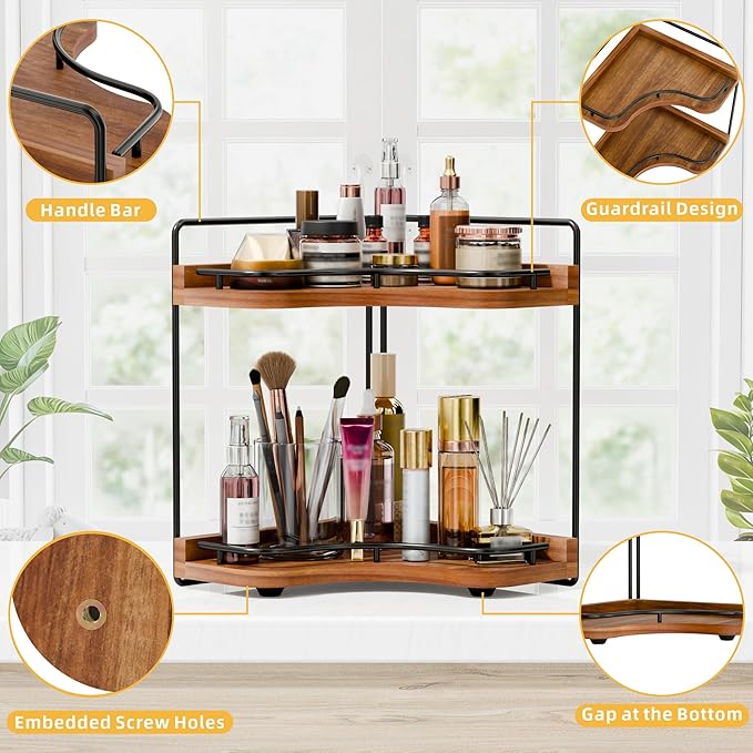 2-Tier Corner Bathroom Counter Organizer with Embedded Screw Holes, Secure & Stable Wood Vanity Shelf for Makeup and Skincare Essentials - Space Saving Bathroom Countertop Storage(Acacia wood-Brown)