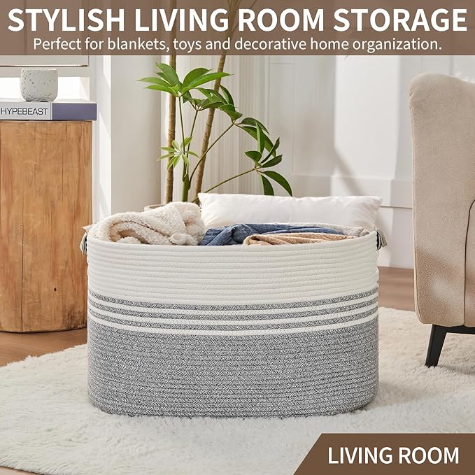 AINUOQI Laundry Basket with Handles - Blanket Basket & Hampers for Bedroom Aesthetic, Laundry Hamper & Blanket Storage for Living Room, Clothes Hamper, Tall, Large 21.7" x 16.9" x 11.8”, Grey