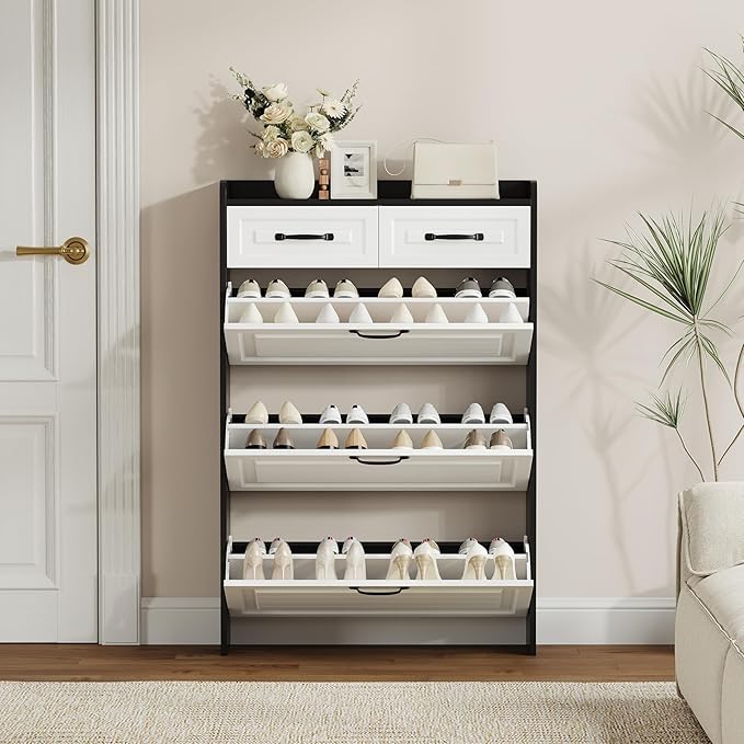 Shoe Cabinet with 3 Large Flip Drawers & 2 Storage Drawers, Narrow Shoe Organizer Cabinet Fits for Kinds of Shoes, Slim Shoe Storage Cabinet for Entryway, Hallway, Bedroom, Black and White