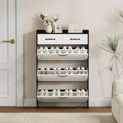 Shoe Cabinet with 3 Large Flip Drawers & 2 Storage Drawers, Narrow Shoe Organizer Cabinet Fits for Kinds of Shoes, Slim Shoe Storage Cabinet for Entryway, Hallway, Bedroom, Black and White