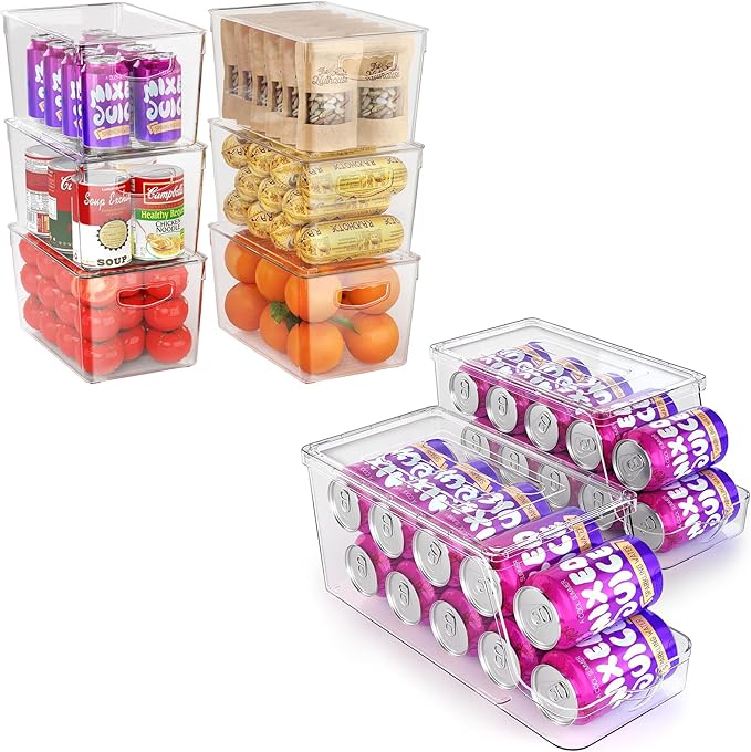 theaoo 6 Pack Clear Storage Bins with Lids Stackable AND Soda Can Dispenser for Refrigerator with Lids