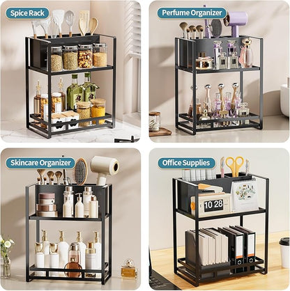 SanDream Hair Tool Organizer Bathroom Countertop, 2-Tier Metal Bathroom Organizer with Blow Dryer Holder, Large Capacity Space-Saving Vanity Shelf for Perfume, Skincare & Makeup Storage (Black)