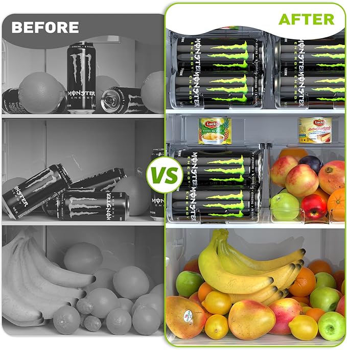 SCAVATA Soda Can Organizer for Refrigerator for Tall Cans of 16oz & 17oz, Stackable Beverage Cans Container Holder Dispenser with Lid for Fridge Pantry Rack Freezer (One Pack)
