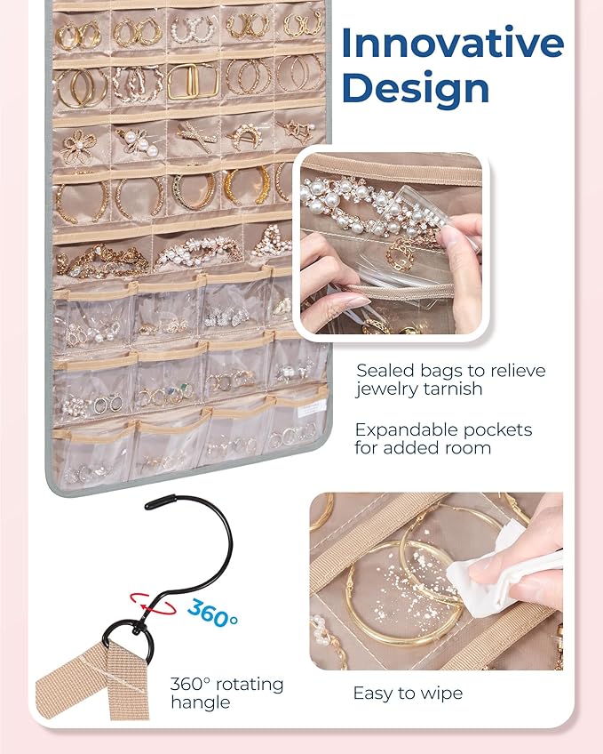 BAGSMART Hanging Jewelry Organizer, Necklace Holder Anti-tangle Earrings Rings Hanger with Pockets Hang on Closet, Wall, Door,1 Piece, Extra Large Grey