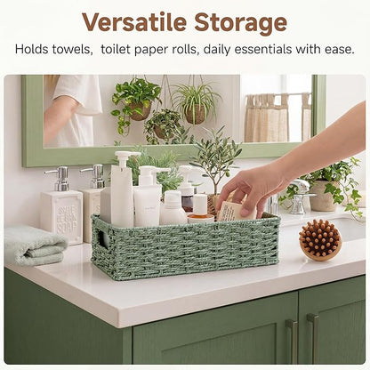 StorageWorks Small Wicker Toilet Basket Tank Topper with Built-in Handles, Toilet Paper Baskets for Back of Tank, Paper Rope Bathroom Basket Organizer and Storage for Sage Green Bathroom Decor, Green