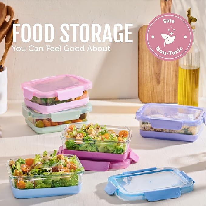 Ello Duraglass Refresh 3.4 Cup Meal Prep Sets 10Pc, 5 Pack Set- Glass Food Storage Container with Silicone Boot and Airtight BPA-Free Plastic Lids, Dishwasher, Microwave and Freezer Safe, Melon