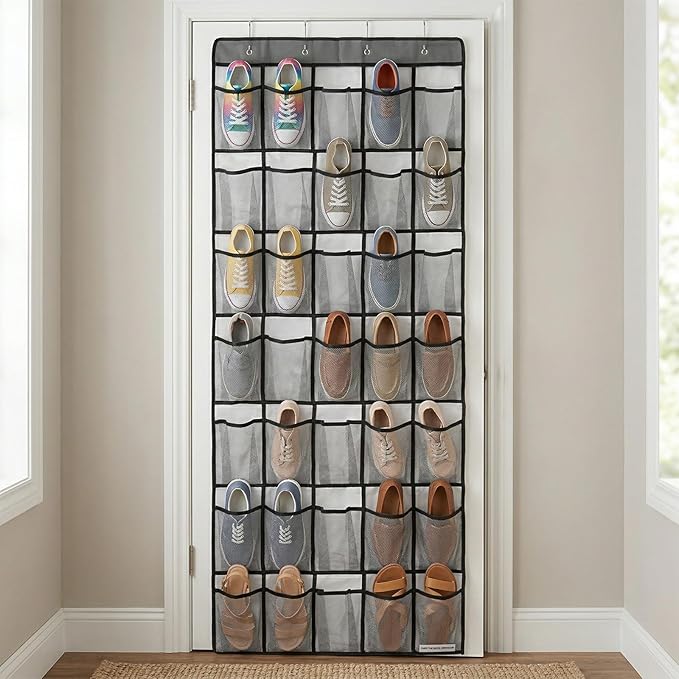 Over the Door Shoe Organizer with 35 Large Pockets Hanging Shoe Rack Storage Holder for Men Women Gray