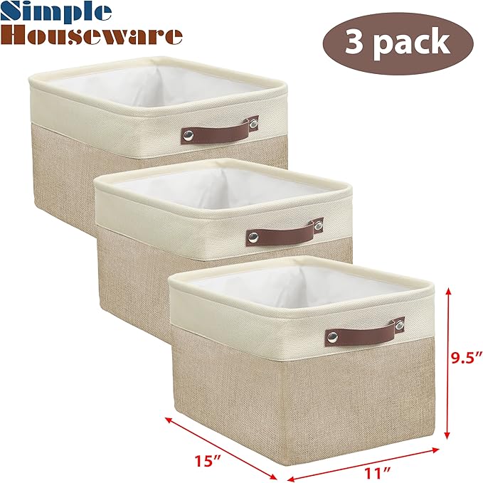 Simple Houseware 15" x 11" Large Fabric Storage Bin for Closet and Shelves, Leather Like Handles, 3 Pack, Beige