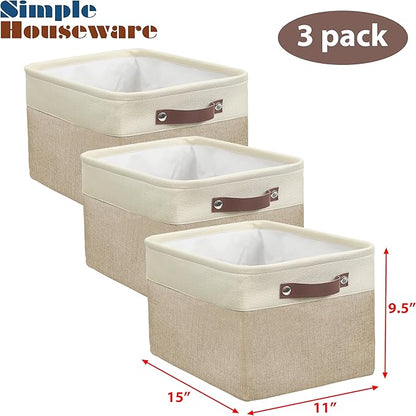 Simple Houseware 15" x 11" Large Fabric Storage Bin for Closet and Shelves, Leather Like Handles, 3 Pack, Beige