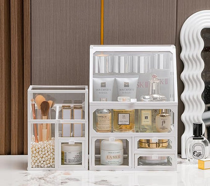 MOOCHI White 3 Pieces Makeup Organizers, glass, Skin Care Organizer, Drawers,Brush Organizer,Countertop Cosmetics Storage Display Case