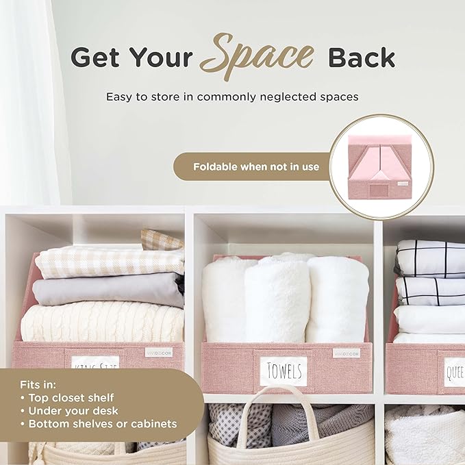 VIVIDECOR Open Front Trapezoid Closet Bins 12x12x10 – Easy Access Shelf Organizer for Clothes, Sweaters, Nursery Storage – Pink, 3 Pack