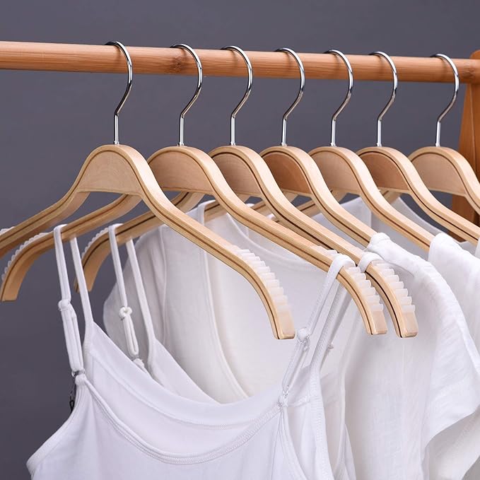 JS Hanger Lightweight Non Slip Wooden Hangers - 30 Pack Heavy Duty Wood Coat Hangers with Soft Stripes for Camisole, Jacket, Dress Clothes, Sweater, Natural Finish