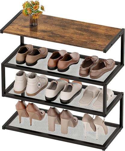 Shoe Rack, Unique 5-Shaped Free Standing Shoe Shelf, 4-Tier Wooden Shoe Organizer with Wooden Top and Steel Frame for Front Door Entrance, Entryway, Hallway, 24.41" D x 11.02" W x 23.23" H