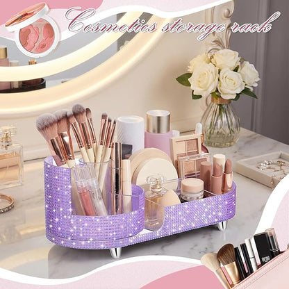 Teen Girls Mother's Day 360 Rotating Bling Makeup Organizer Gift Rhinestone Diamond Bathroom Organizer Girly Skin Care Brush Holder for Countertop, Bathroom Essentials(Purple,Rhinestone)