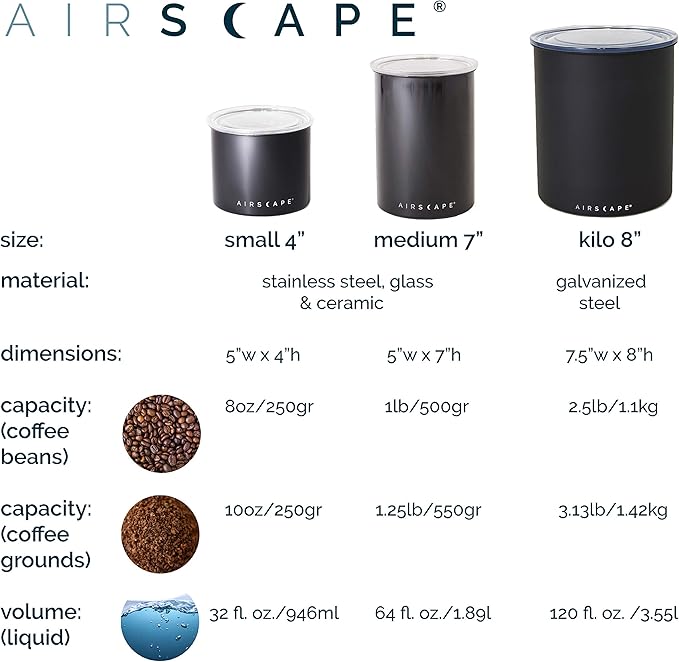 AirScape Planetary Design Stainless Steel Coffee Canister | Food Storage Container | US Patented Airtight Lid | Push Out Excess Air Preserve Food Freshness (Small, Brushed Steel)