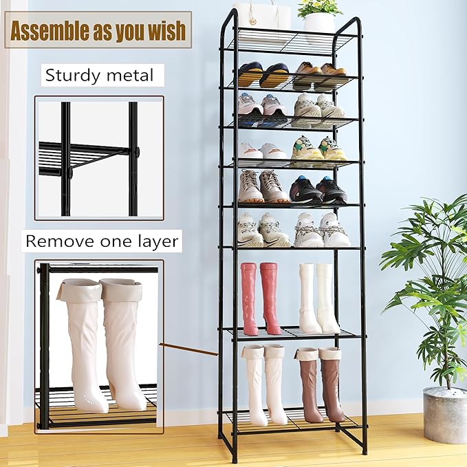 Ekisemio-10 Tiers Tall Shoe Rack Organizer for 20 Pairs Shoes, Expandable & Adjustable Shoe Storage Shelf, Wire Grid, Black